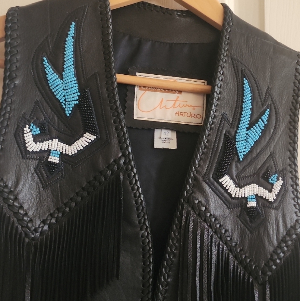 Black Leather Vest with Blue Embroidery - Picture 3 of 6
